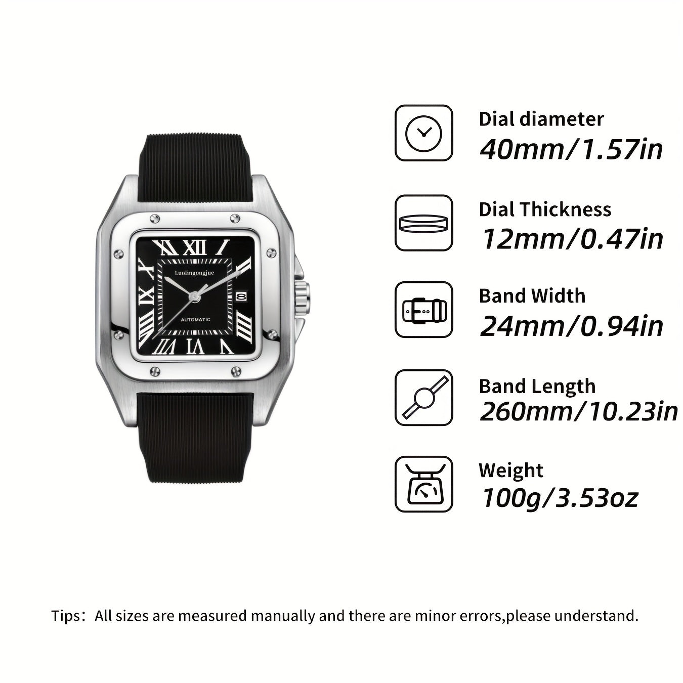 1pc Classic Business Style Men'S Mechanical Watch, Roman Numeral Dial, Square Zinc Alloy Case, Self-Winding Movement, Rubber Strap, Date Feature with Blue Pointer, No Battery - Elegant Gift for Men