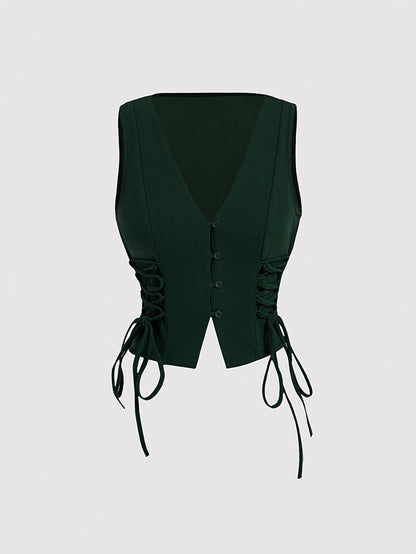 Elegant Direction Women's Sleeveless Vest - V-Neck Padded Shoulders with Adjustable Lacing Detail, Machine Washable Solid Color for Spring Summer Fall, Versatile Layering Piece for Casual & Formal Outfits, Seasonal Fashion, M