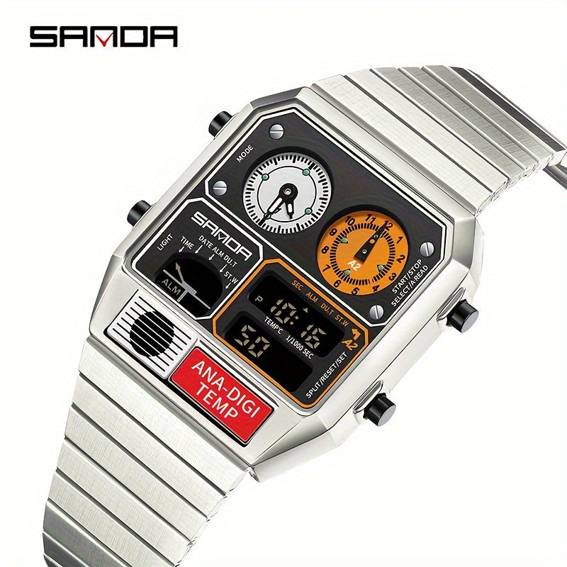 SANDA Men's Digital Performance Watch - Square Stainless Steel Band, Dual Display, Stopwatch, Alarm, 50m Water-Resistant, Multi-Functional with Temperature Measurement and Timing Features