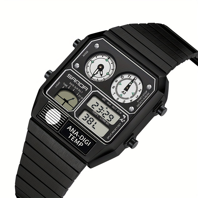 SANDA Men's Digital Performance Watch - Square Stainless Steel Band, Dual Display, Stopwatch, Alarm, 50m Water-Resistant, Multi-Functional with Temperature Measurement and Timing Features