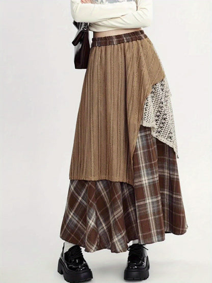 Women'S Asymmetrical A-Line Long Skirt, Fall/Winter Collection, Color Block Tribal Plaid Pattern, Elastic Waist, Regular Fit, Rayon/Viscose Blend (50% Rayon, 50% Polyester), Woven, with Belt Option
