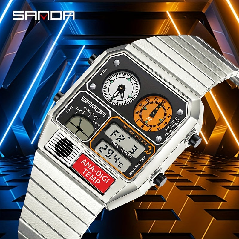 SANDA Men's Digital Performance Watch - Square Stainless Steel Band, Dual Display, Stopwatch, Alarm, 50m Water-Resistant, Multi-Functional with Temperature Measurement and Timing Features