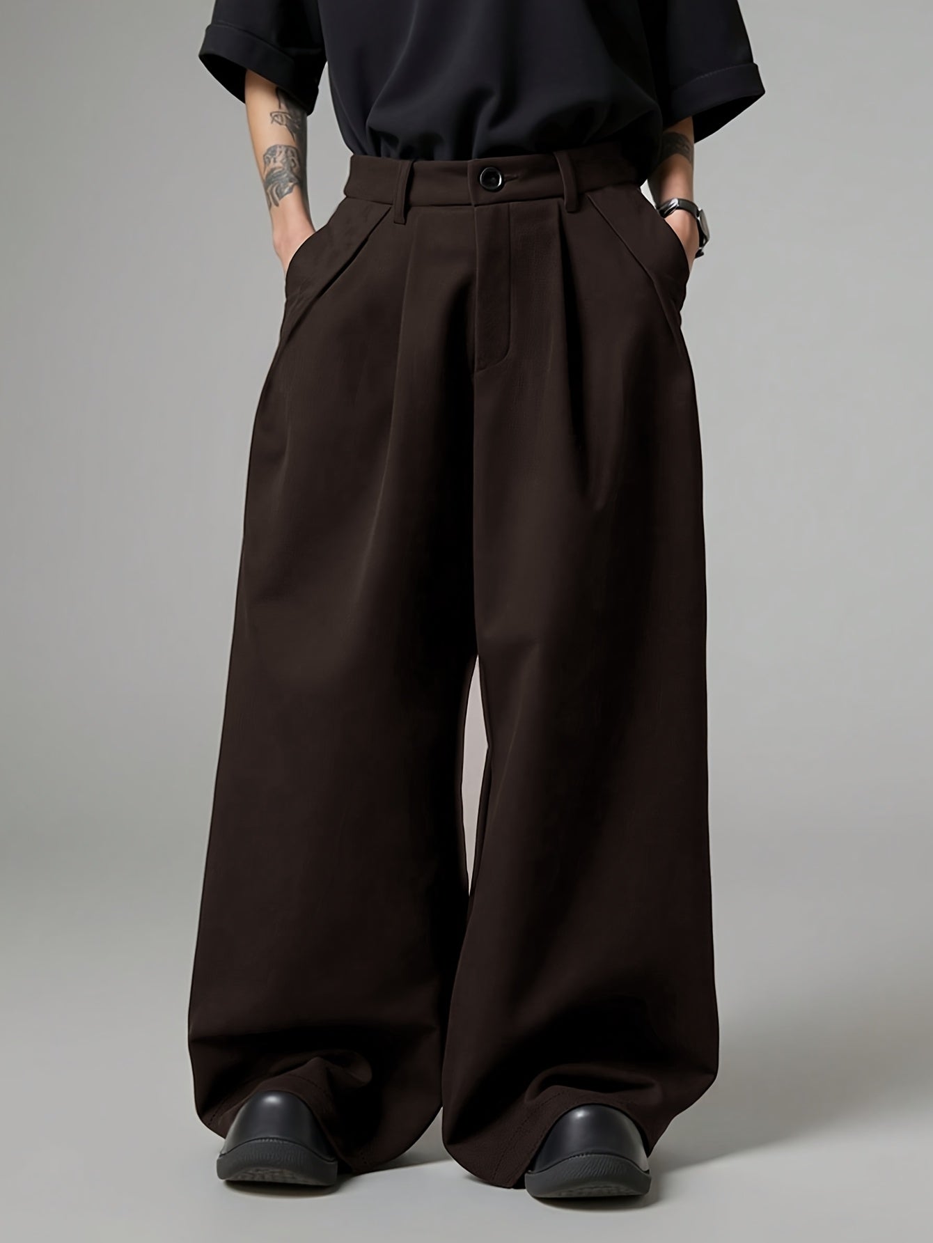 Men'S Loose Fit Solid Color Wide Leg Pants with Pockets - Casual, Soft, and Comfortable for Spring, Street Style, Casual Wear Pants|Wide Leg Trousers|Nonstretch Fabric