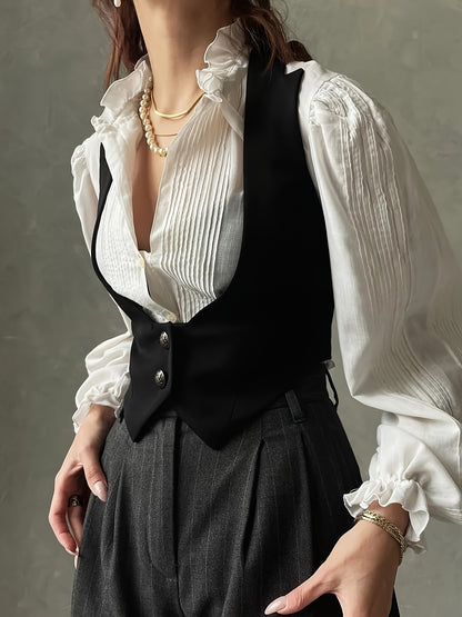 Elegant Women'S Black V-Neck Vest with Pearl Detail - Casual Polyester Sleeveless Jacket, All-Season Wear