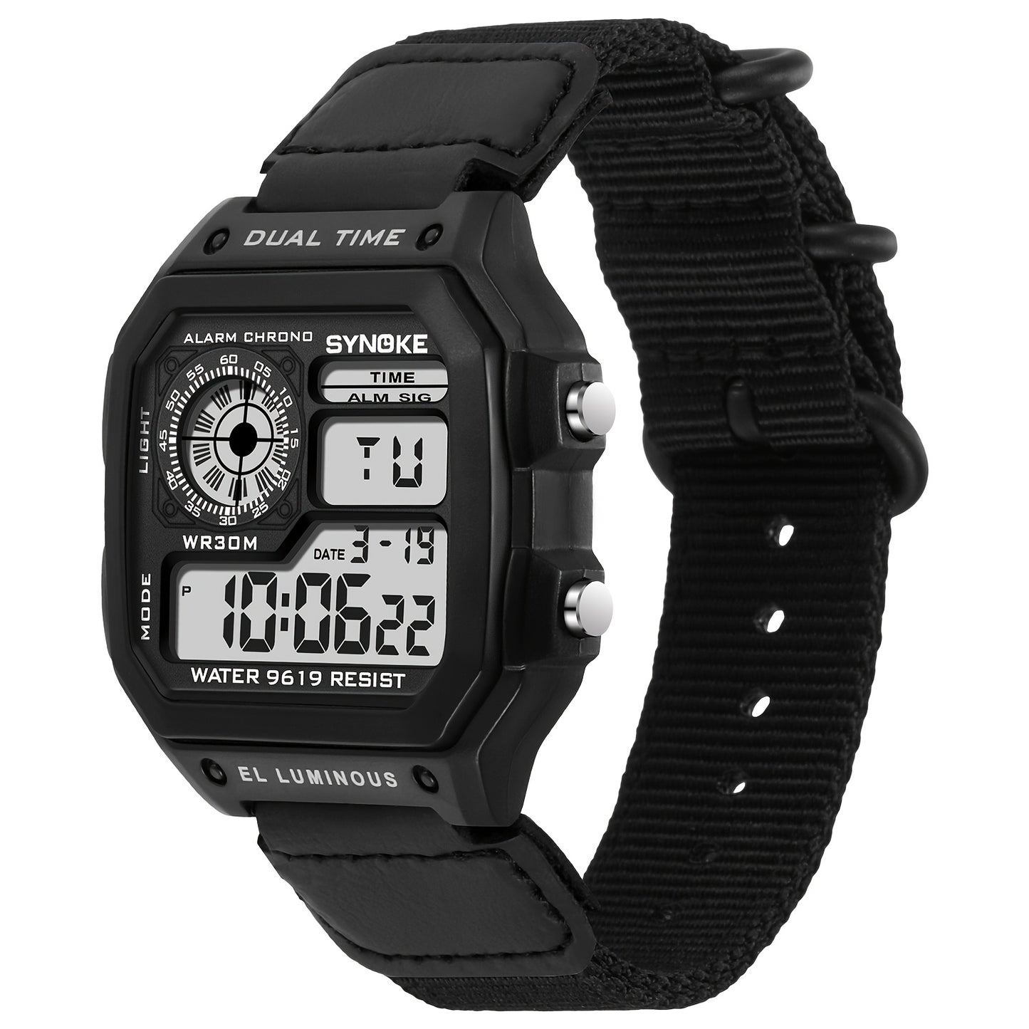 SYNOKE Men's Digital Sports Watch - Shockproof, Luminous Display with Stopwatch & Alarm, Nylon Strap