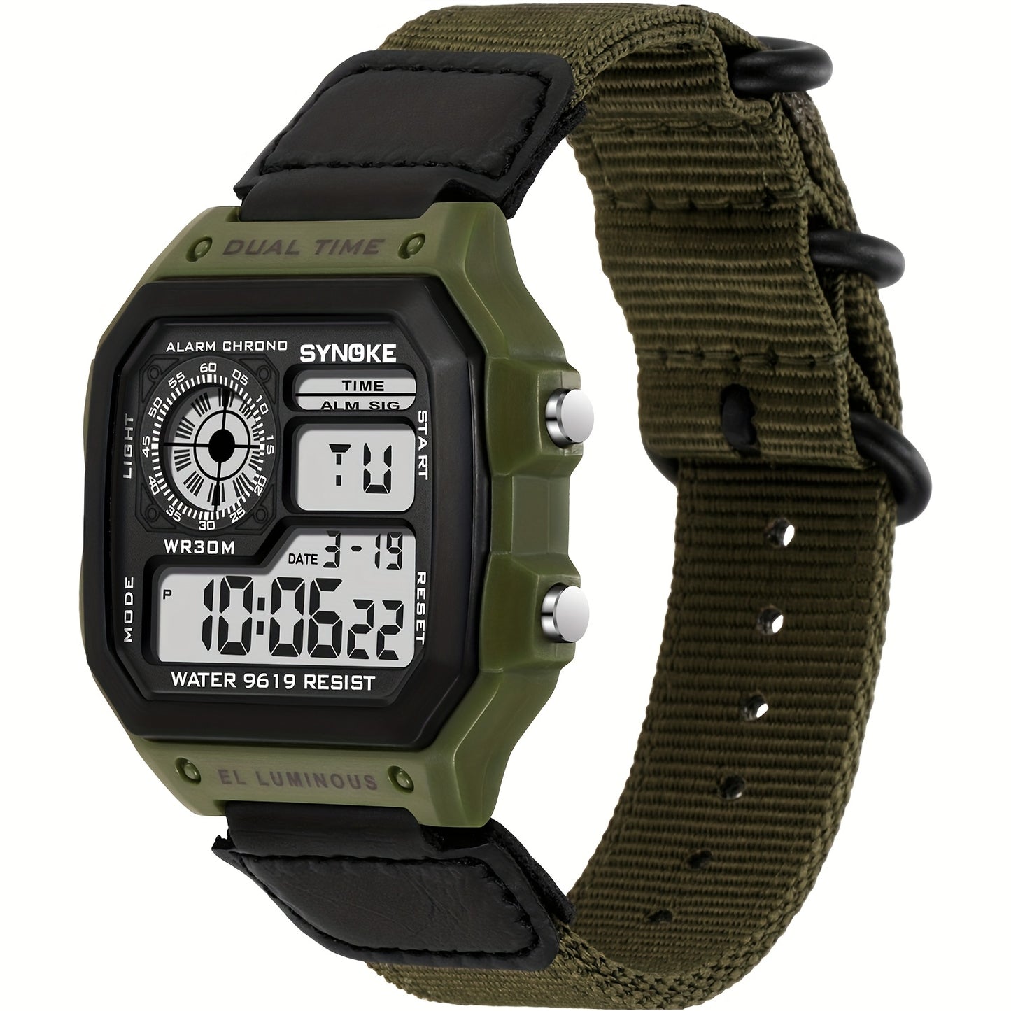 SYNOKE Men's Digital Sports Watch - Shockproof, Luminous Display with Stopwatch & Alarm, Nylon Strap