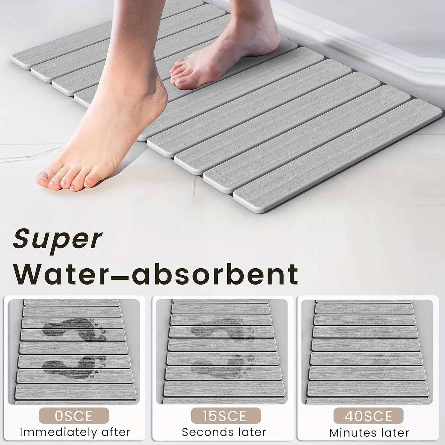 Foldable Stone Bath Mat - Super Absorbent Diatomaceous Earth, Non-Slip Quick-Drying, Easy to Clean, Compact & Space-Saving for Bathroom, Striped Design, Gray, Quickdrying Mat | Sleek Bath Accessory | PVC Backed Mat, Bathroom