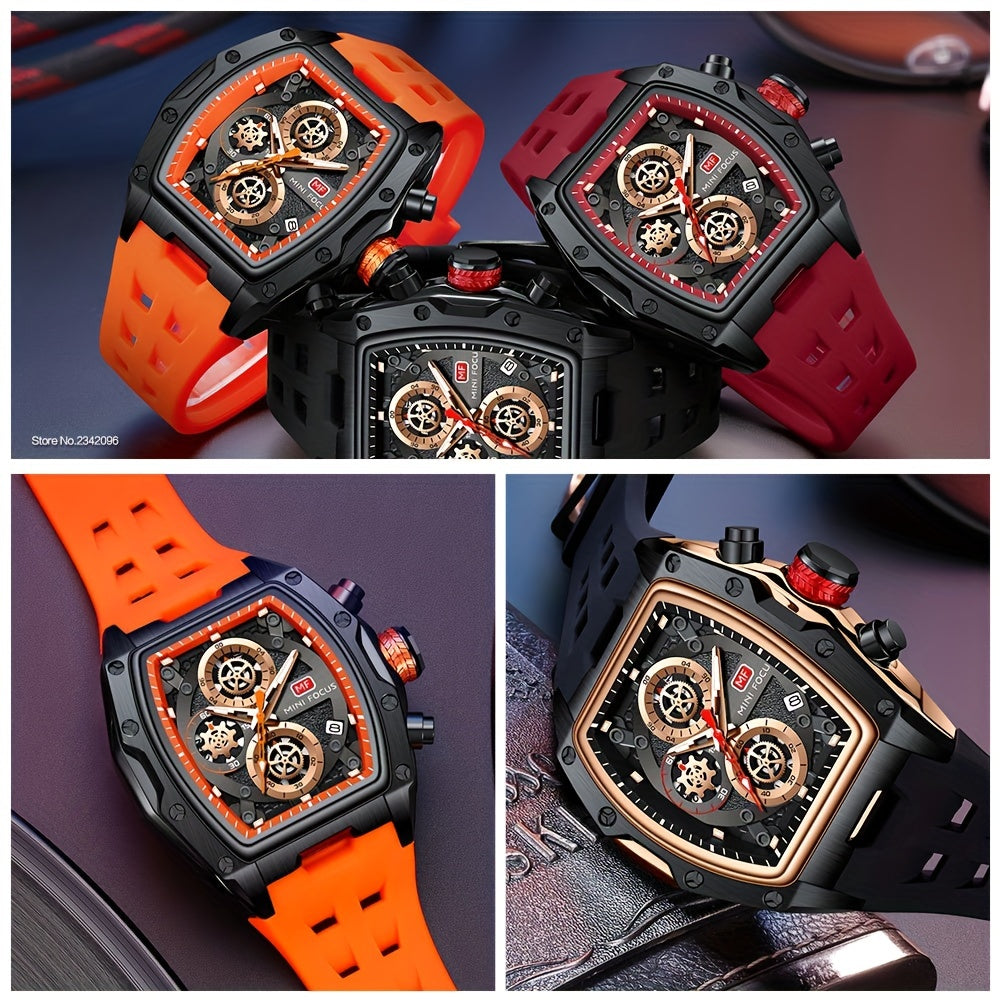 MINI FOCUS Women's Military Sport Watch - Barrel-Shaped Case, Orange Silicone Strap, Chronograph, Luminous Hands & Date Display, 3ATM High Quality Quartz Wristwatch