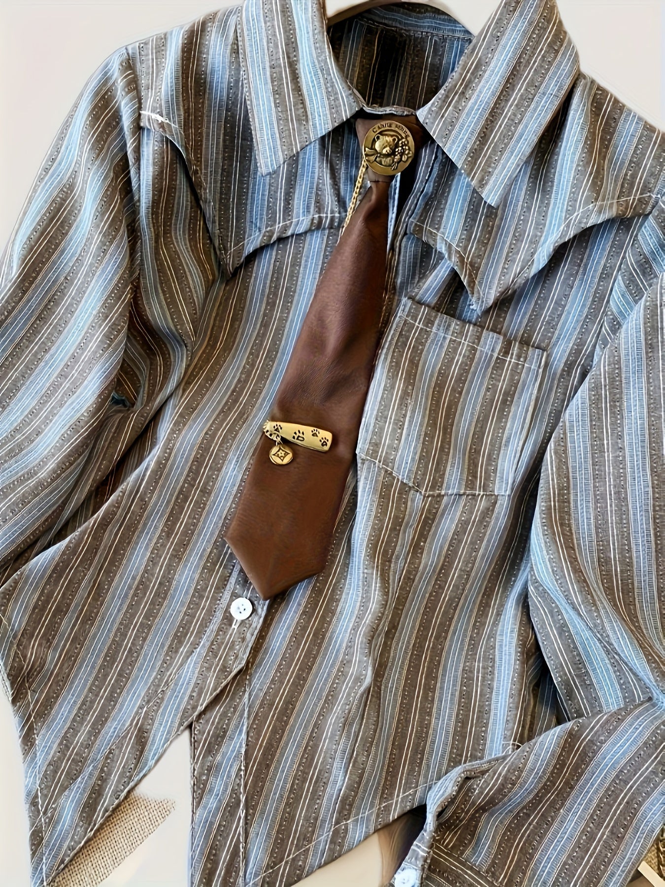 Women's Retro Collar Striped Shirt with Tie-Waist - Blue Grey White Horizontal Stripes Long Sleeve Blouse, Button Front Fall 2024 Collection, Ladies Blouses