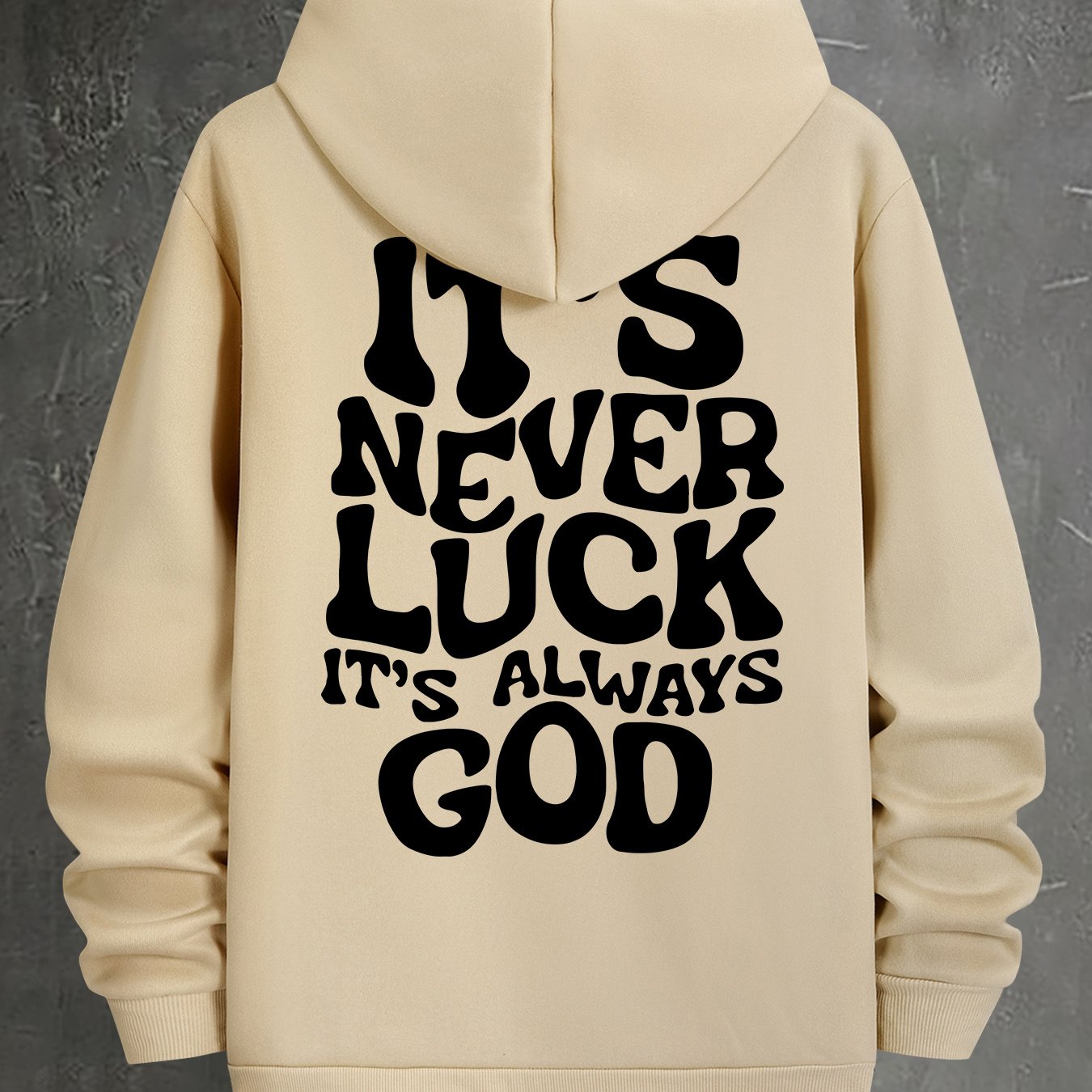 Men's Navy Blue Hooded Sweatshirt - "IT's NEVER LUCK IT's ALWAYS GOD" Print, Casual Polyester Knit, Long Sleeve with Kangaroo Pocket, Machine Washable for Spring & Autumn