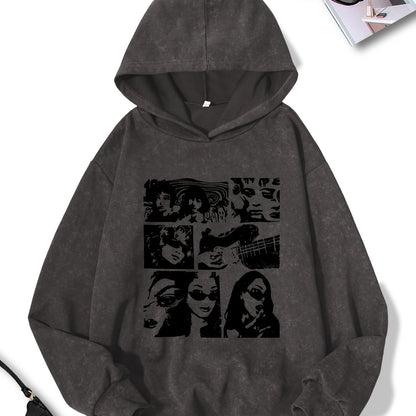 Women's Casual Polyester Hoodie with Geometric Applique - 100% Polyester Knit Fabric, Vintage Washed Fall/Winter Hooded Sweatshirt with Fashion Print