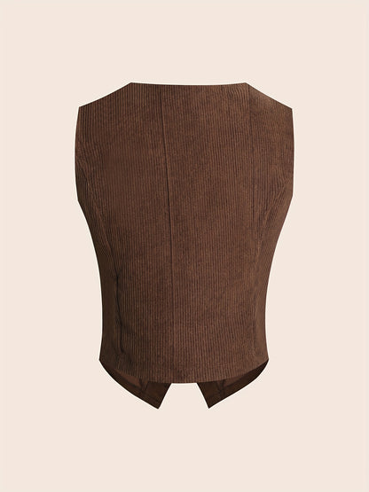Solid Button Front Vest Suit Jacket Corduroy