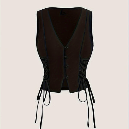 Elegant Direction Women's Sleeveless Vest - V-Neck Padded Shoulders with Adjustable Lacing Detail, Machine Washable Solid Color for Spring Summer Fall, Versatile Layering Piece for Casual & Formal Outfits, Seasonal Fashion, M