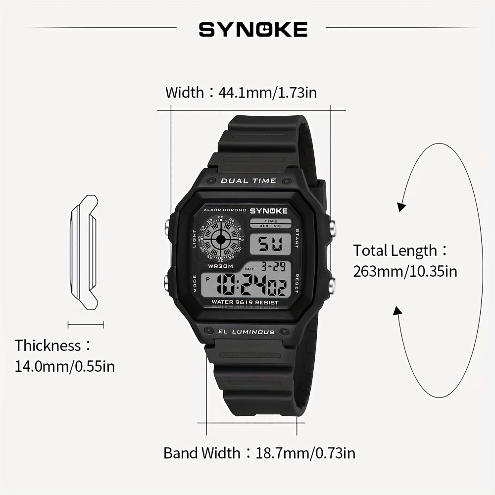 SYNOKE Men'S Outdoor Sports Watch - Digital LED Square Watch with Dual Time, Alarm, Chronograph, Date Display,, Black Plastic Strap, Sports Watch|Digital Display|Waterproof Watch