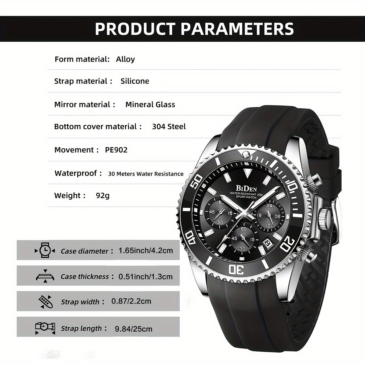 Men'S Sports Watch - Lightweight Silicone Strap with 6-Hand Chronograph, Analog Quarts Movement, 30M Water Resistant, Stopwatch, Calendar, Zinc Alloy Case, Electronic Drive, Non-Rechargeable Button Battery, Perfect for Casual