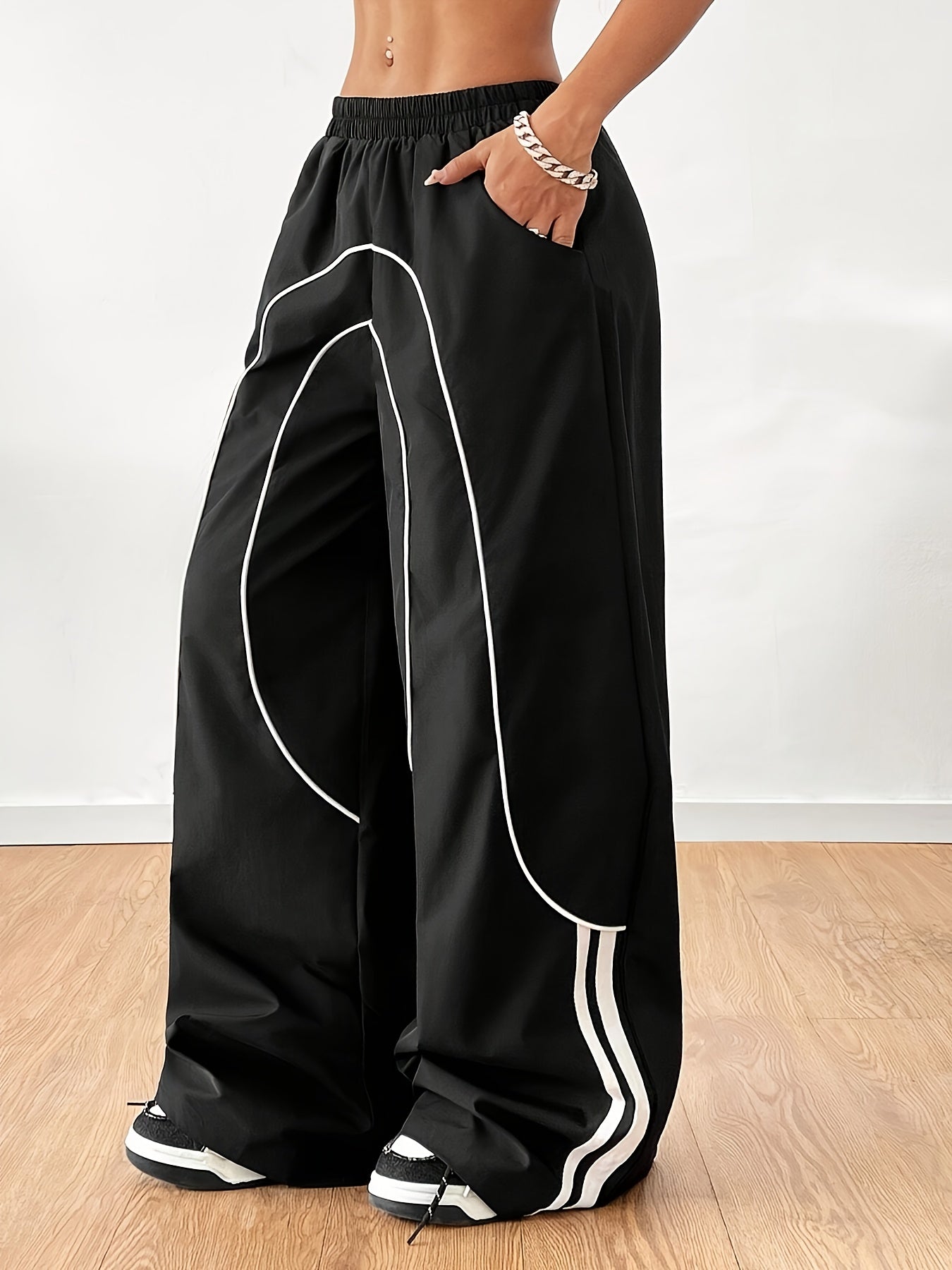 Women'S Casual Wide Leg Pants, 100% Polyester Solid Color, All-Season Comfort, Woven Fabric, 100g/m², Versatile Fashion Trousers for Adults