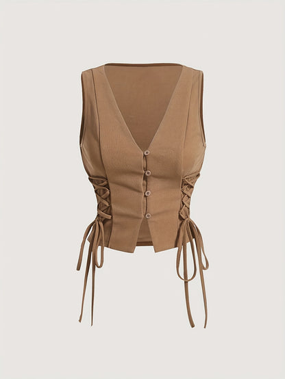 Elegant Direction Women's Sleeveless Vest - V-Neck Padded Shoulders with Adjustable Lacing Detail, Machine Washable Solid Color for Spring Summer Fall, Versatile Layering Piece for Casual & Formal Outfits, Seasonal Fashion, M