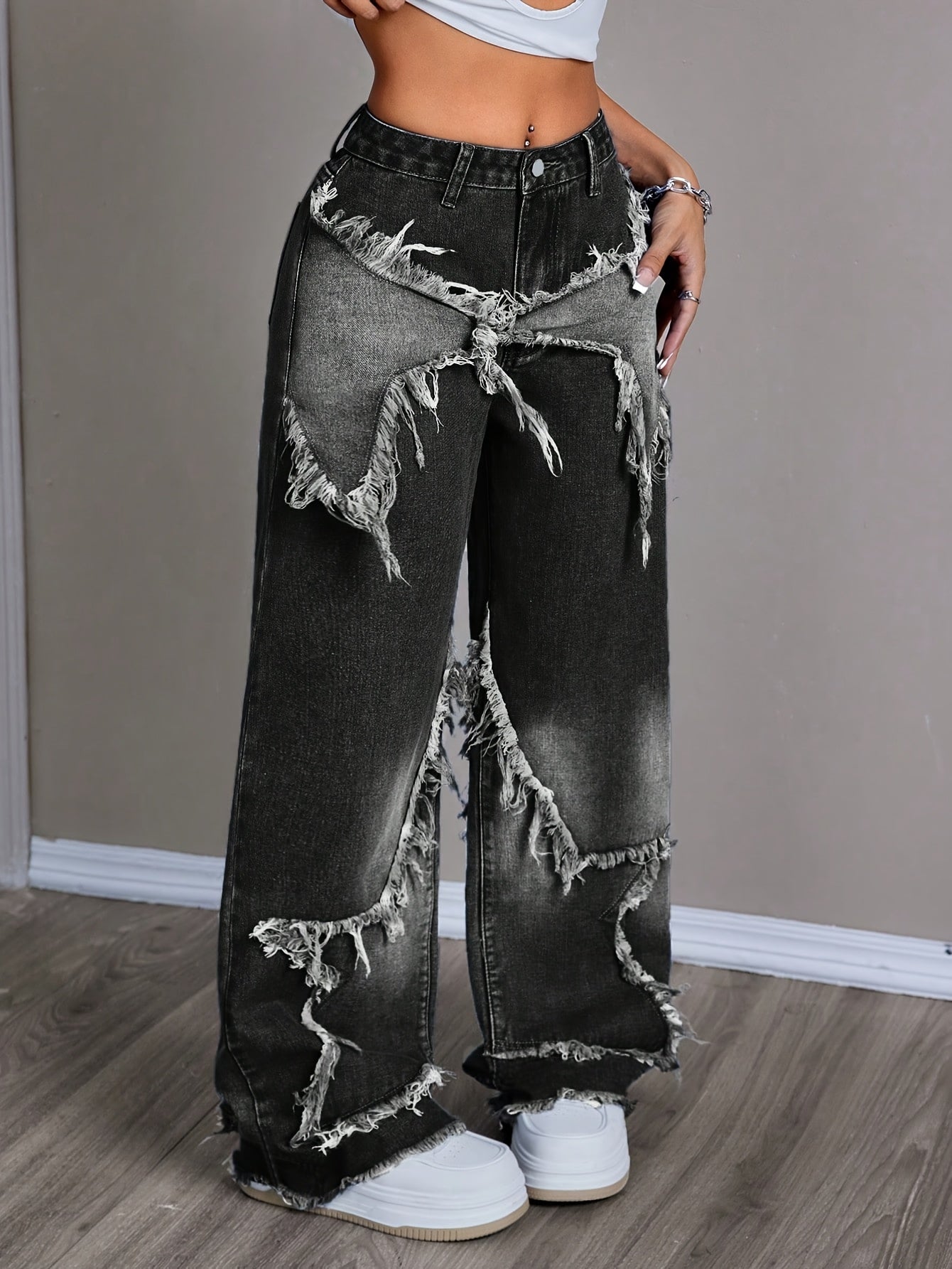 New Stylish Women'S Denim Pants with Unique Patches And Fringe, Featuring a Straight And Wide-Leg Design.