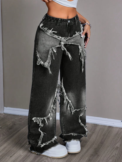 New Stylish Women'S Denim Pants with Unique Patches And Fringe, Featuring a Straight And Wide-Leg Design.
