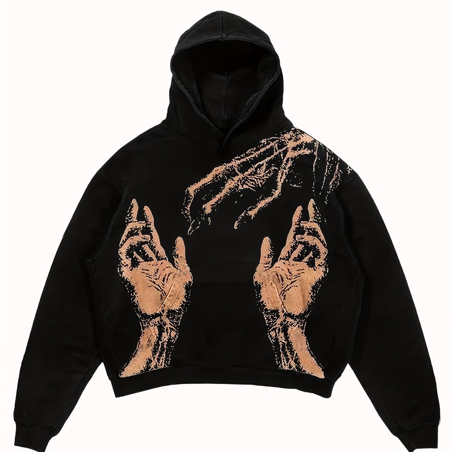 Women's Y2K Graphic Print Hoodie with Kangaroo Pocket - Black Casual Long Sleeve Pullover, Artistic Hand Design, Polyester Knit Fabric, Machine Washable, Sporty Graphic Hoodie | Anime Print Apparel | Machine Washable Top