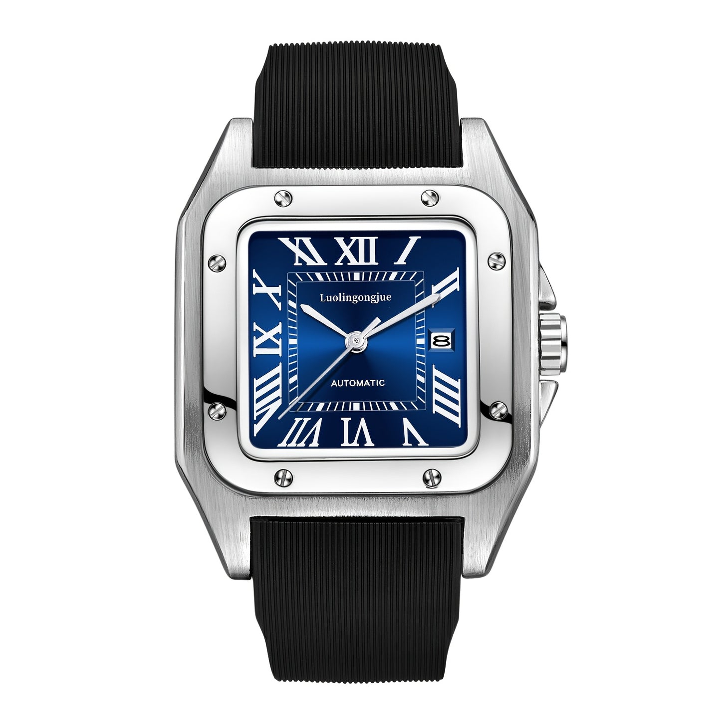 1pc Classic Business Style Men'S Mechanical Watch, Roman Numeral Dial, Square Zinc Alloy Case, Self-Winding Movement, Rubber Strap, Date Feature with Blue Pointer, No Battery - Elegant Gift for Men