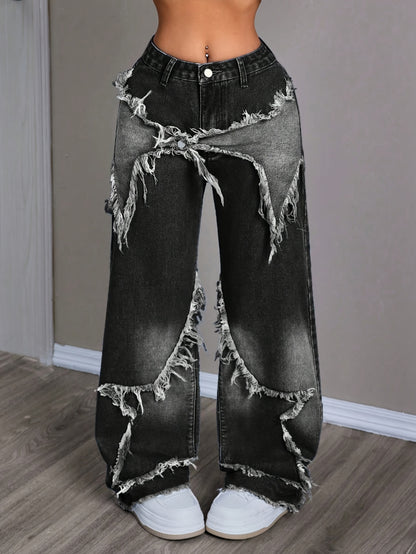 New Stylish Women'S Denim Pants with Unique Patches And Fringe, Featuring a Straight And Wide-Leg Design.