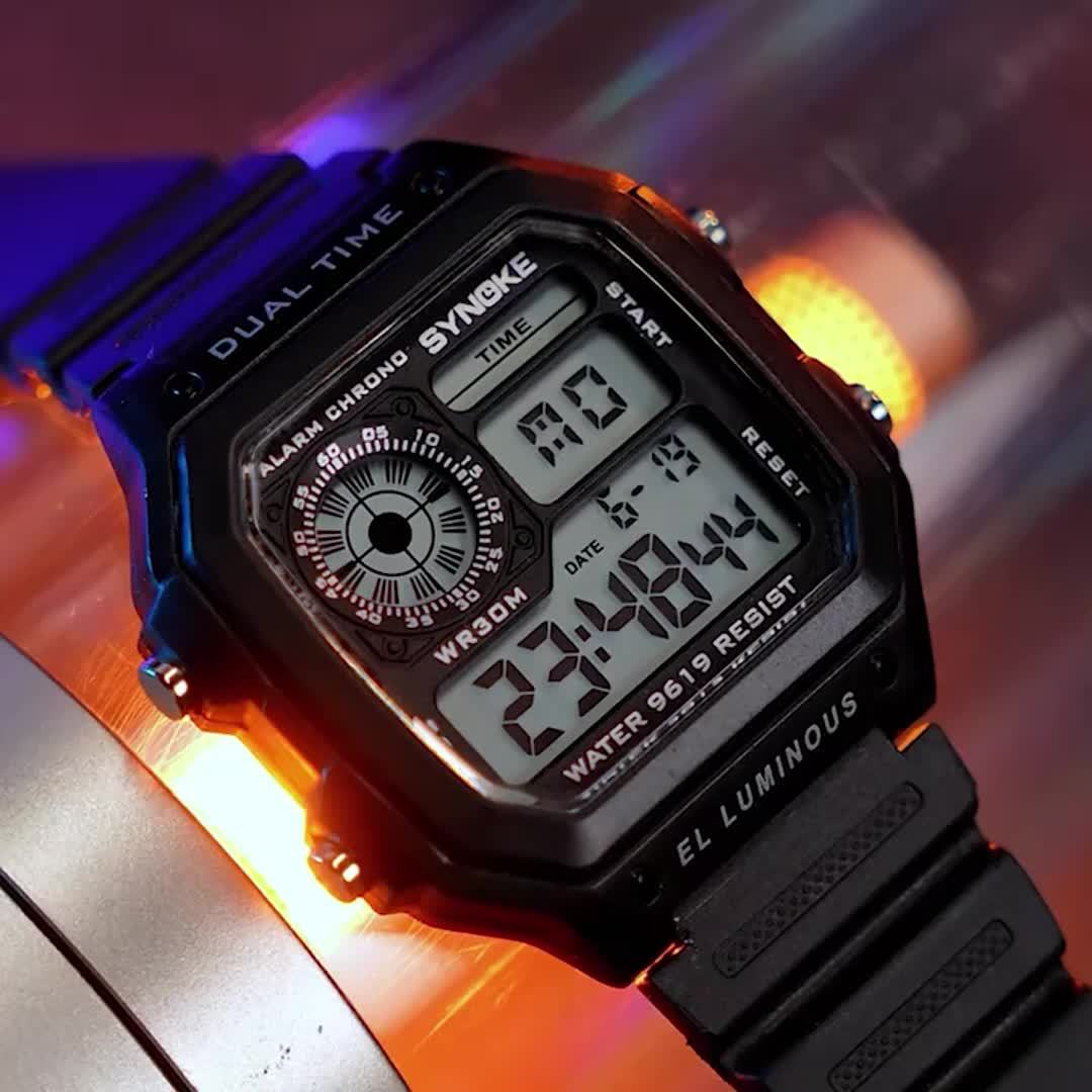 SYNOKE Men'S Outdoor Sports Watch - Digital LED Square Watch with Dual Time, Alarm, Chronograph, Date Display,, Black Plastic Strap, Sports Watch|Digital Display|Waterproof Watch