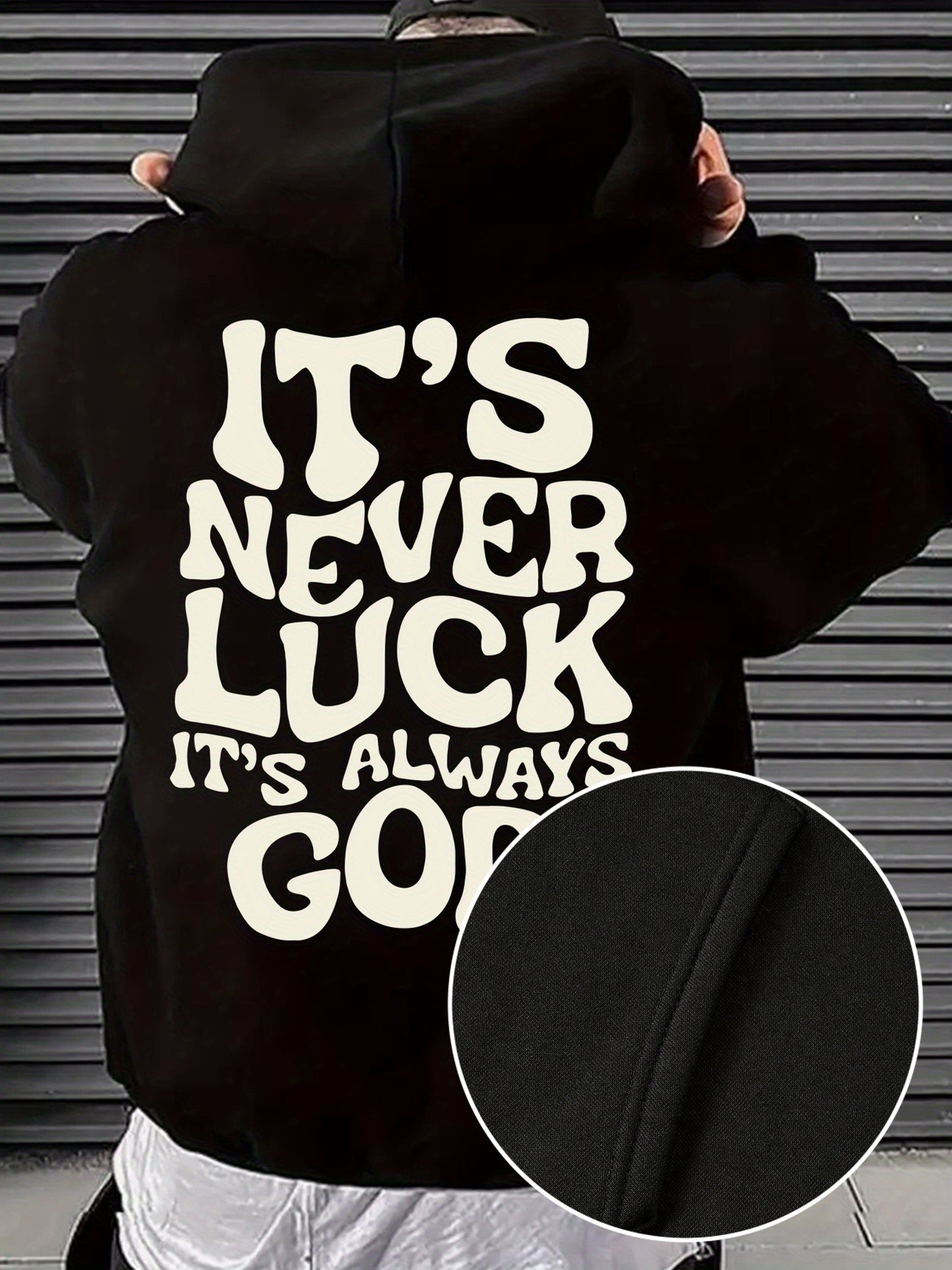 Men's Navy Blue Hooded Sweatshirt - "IT's NEVER LUCK IT's ALWAYS GOD" Print, Casual Polyester Knit, Long Sleeve with Kangaroo Pocket, Machine Washable for Spring & Autumn