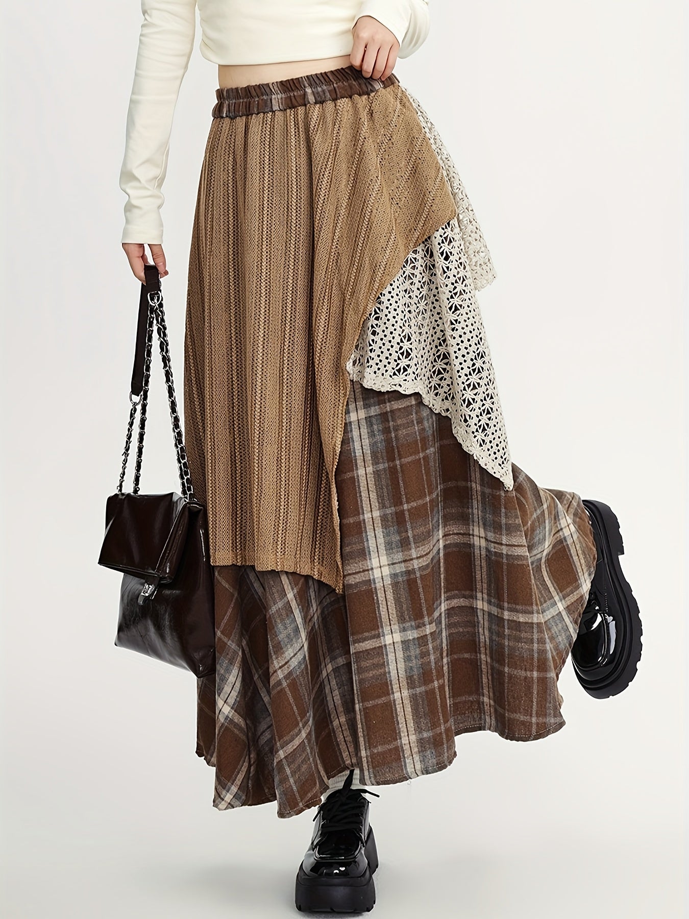 Women'S Asymmetrical A-Line Long Skirt, Fall/Winter Collection, Color Block Tribal Plaid Pattern, Elastic Waist, Regular Fit, Rayon/Viscose Blend (50% Rayon, 50% Polyester), Woven, with Belt Option
