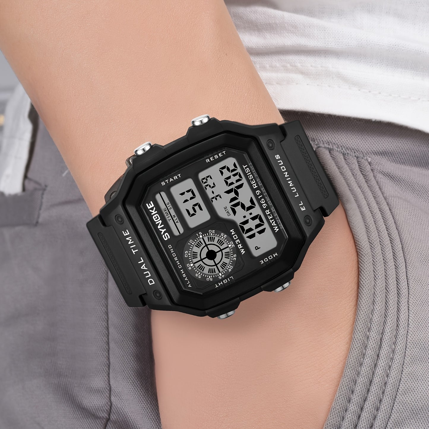 SYNOKE Men'S Outdoor Sports Watch - Digital LED Square Watch with Dual Time, Alarm, Chronograph, Date Display,, Black Plastic Strap, Sports Watch|Digital Display|Waterproof Watch