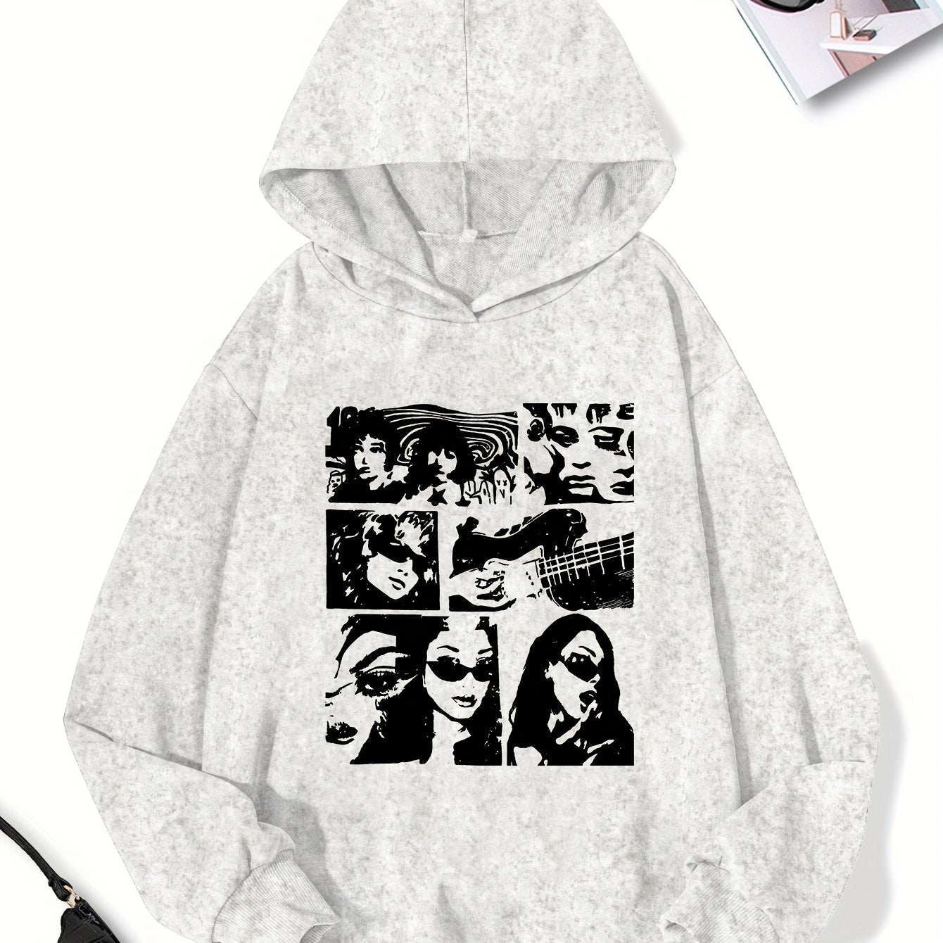 Women's Casual Polyester Hoodie with Geometric Applique - 100% Polyester Knit Fabric, Vintage Washed Fall/Winter Hooded Sweatshirt with Fashion Print