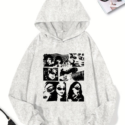 Women's Casual Polyester Hoodie with Geometric Applique - 100% Polyester Knit Fabric, Vintage Washed Fall/Winter Hooded Sweatshirt with Fashion Print