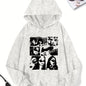 Women's Casual Polyester Hoodie with Geometric Applique - 100% Polyester Knit Fabric, Vintage Washed Fall/Winter Hooded Sweatshirt with Fashion Print