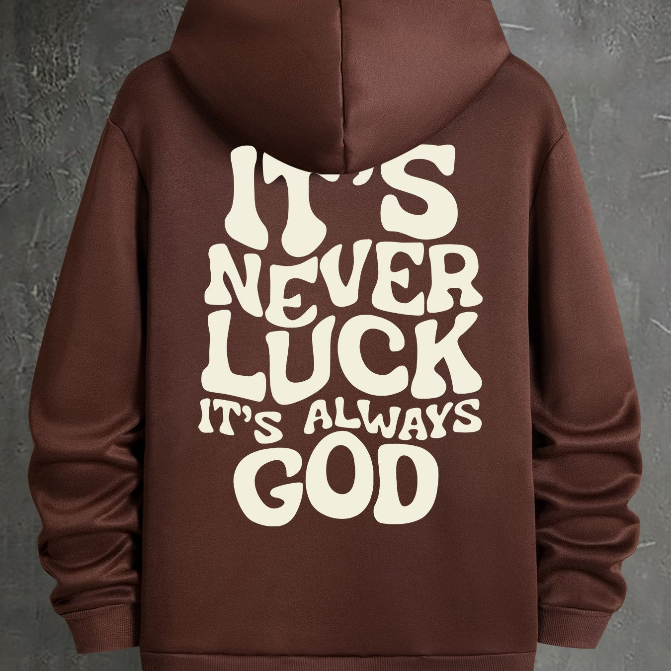 Men's Navy Blue Hooded Sweatshirt - "IT's NEVER LUCK IT's ALWAYS GOD" Print, Casual Polyester Knit, Long Sleeve with Kangaroo Pocket, Machine Washable for Spring & Autumn