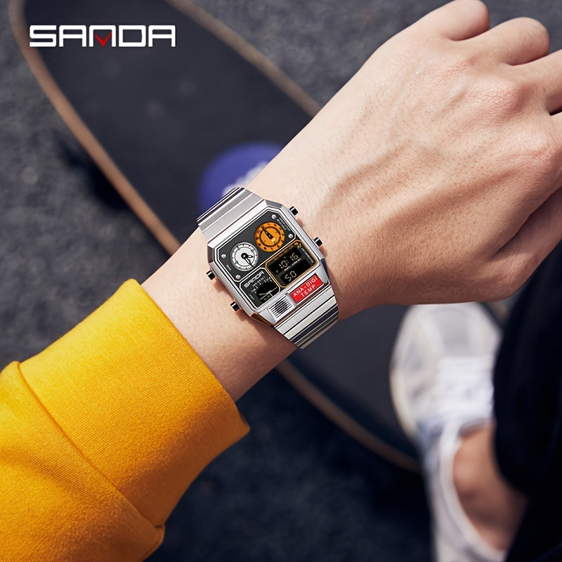 SANDA Men's Digital Performance Watch - Square Stainless Steel Band, Dual Display, Stopwatch, Alarm, 50m Water-Resistant, Multi-Functional with Temperature Measurement and Timing Features